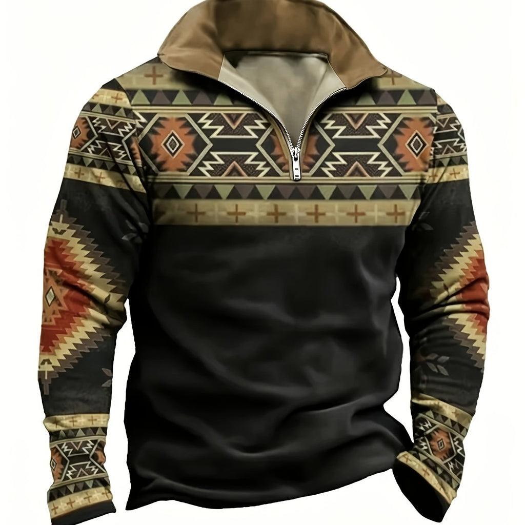 Quarter-Zip Pullover Aztec Print Stand Collar Men's Sweatshirt – Casual, Autumn Layering