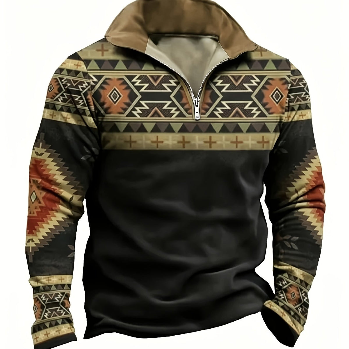 Quarter-Zip Pullover Aztec Print Stand Collar Men's Sweatshirt – Casual, Autumn Layering