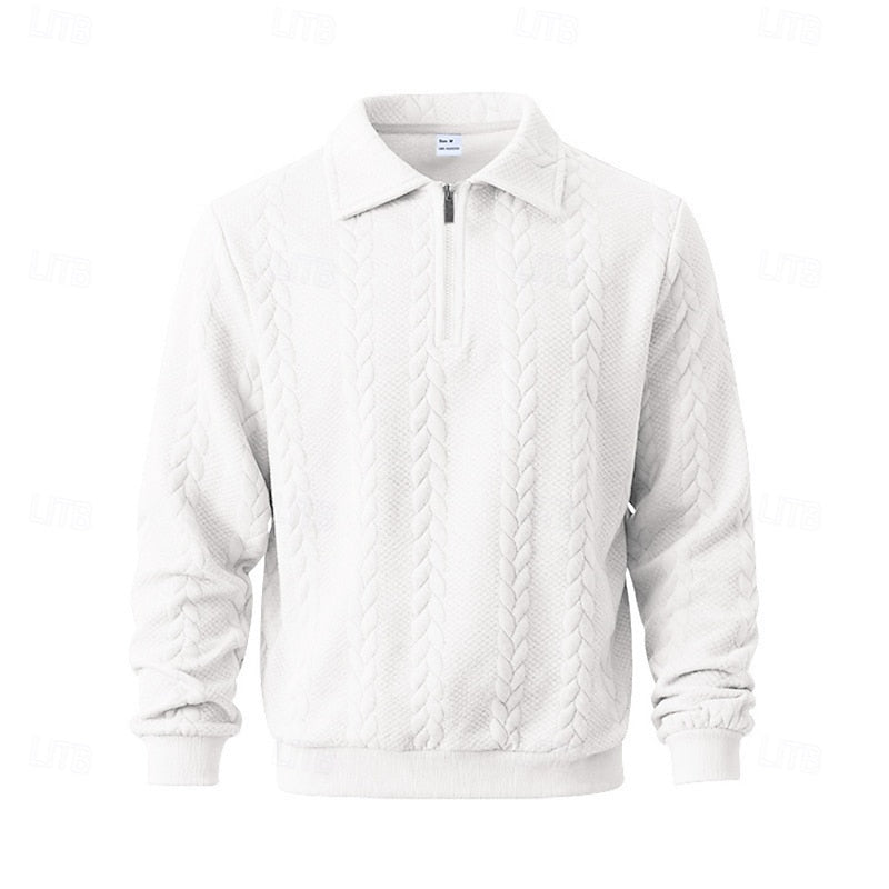 Quarter-Zip Pullover Men's Cable-Knit Collared Sweatshirt Beige – Casual, Office, Gift