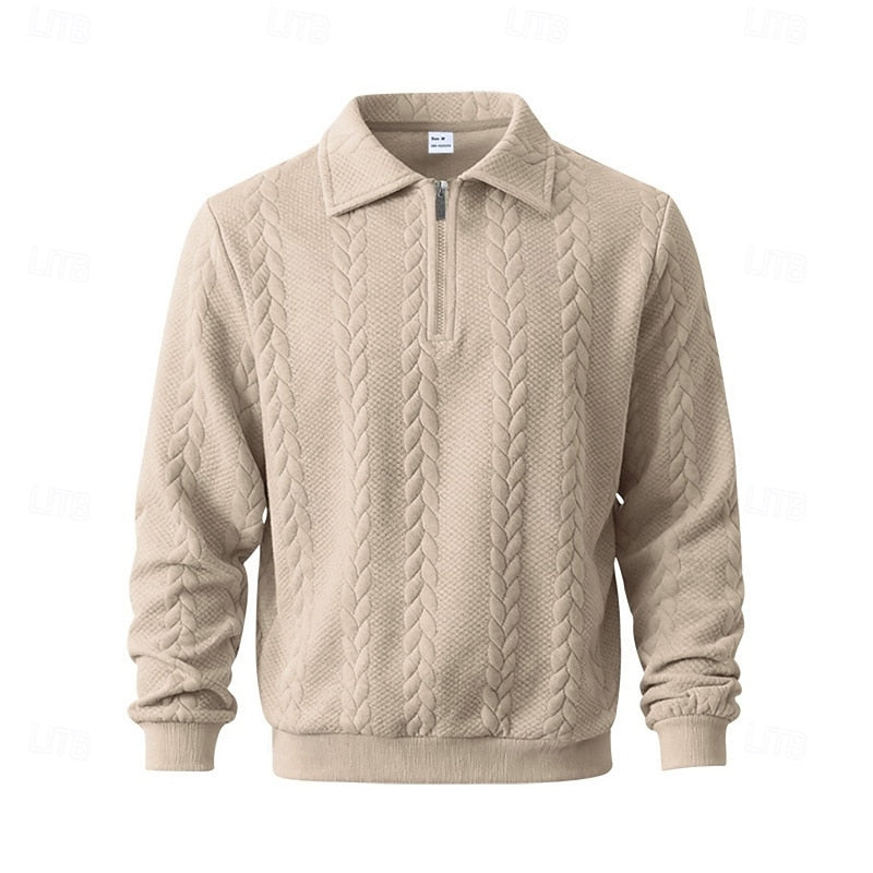 Quarter-Zip Pullover Men's Cable-Knit Collared Sweatshirt Beige – Casual, Office, Gift