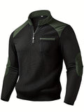 Quarter-Zip Pullover Men's Ribbed Colour-Block Black Green Stand Collar – Casual, Office, Gift
