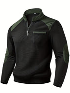 Quarter-Zip Pullover Men's Ribbed Colour-Block Black Green Stand Collar – Casual, Office, Gift