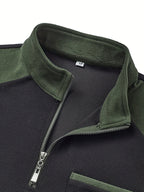 Quarter-Zip Pullover Men's Ribbed Colour-Block Black Green Stand Collar – Casual, Office, Gift