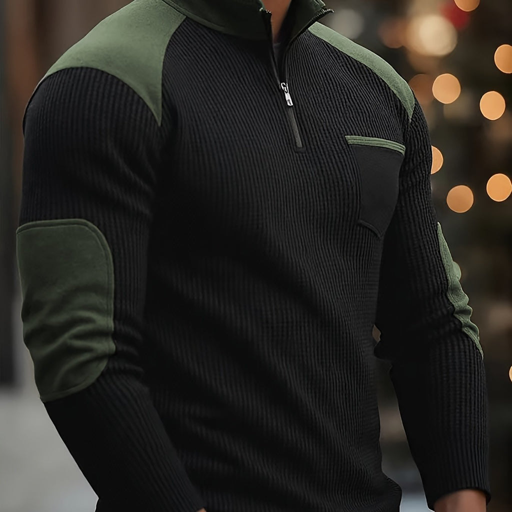 Quarter-Zip Pullover Men's Ribbed Colour-Block Black Green Stand Collar – Casual, Office, Gift