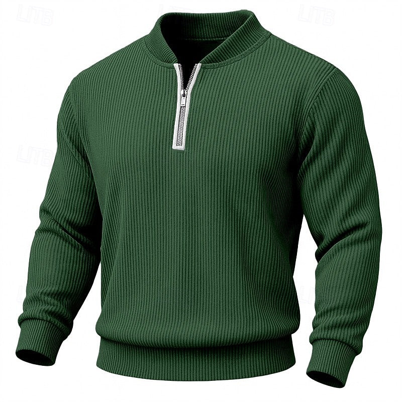 Quarter-Zip Pullover Ribbed Knit Green Men's Long Sleeve Sweater – Casual, Office, Gift