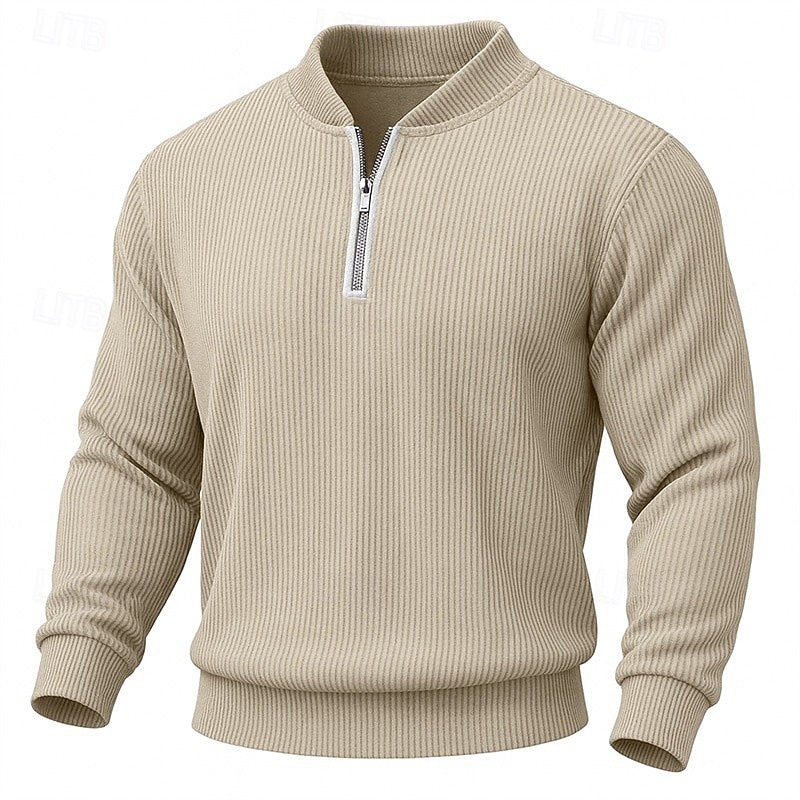 Quarter-Zip Pullover Ribbed Knit Green Men's Long Sleeve Sweater – Casual, Office, Gift