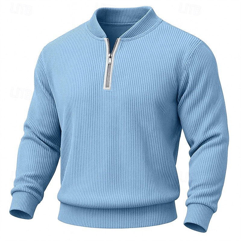Quarter-Zip Pullover Ribbed Knit Green Men's Long Sleeve Sweater – Casual, Office, Gift