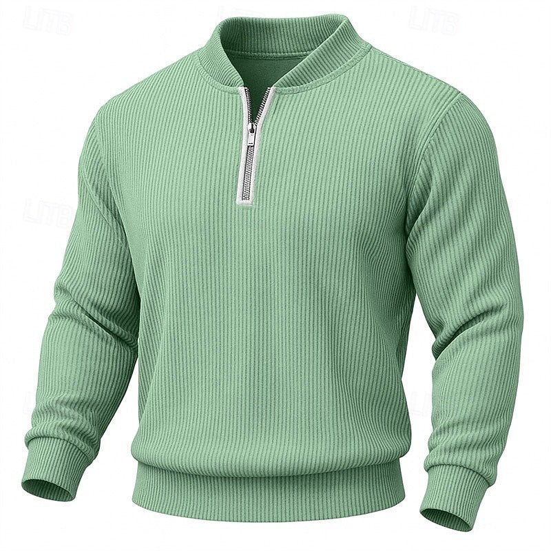 Quarter-Zip Pullover Ribbed Knit Green Men's Long Sleeve Sweater – Casual, Office, Gift