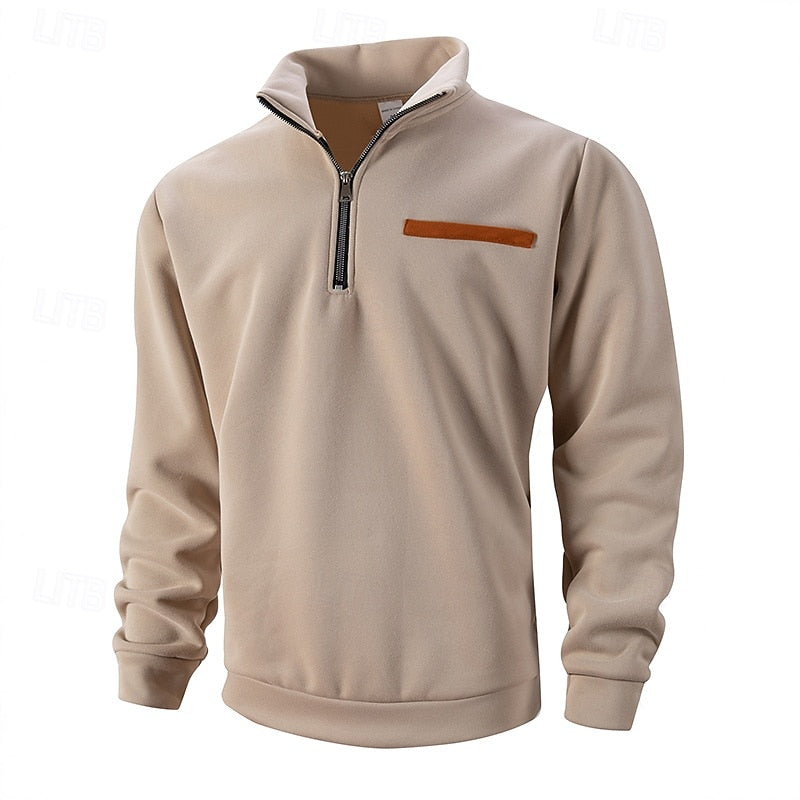 Quarter-Zip Pullover Sweatshirt Men's Beige Stand Collar – Casual, Office, Everyday Layering