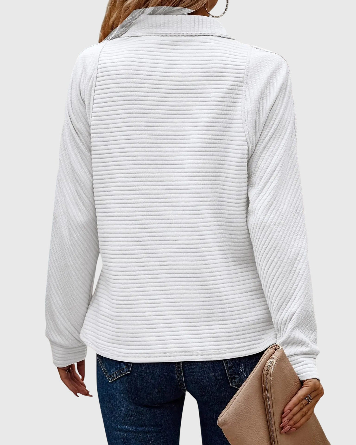 Quarter Zip Pullover Sweatshirt Pink Ribbed Women's Long Sleeve Top – Casual, Office