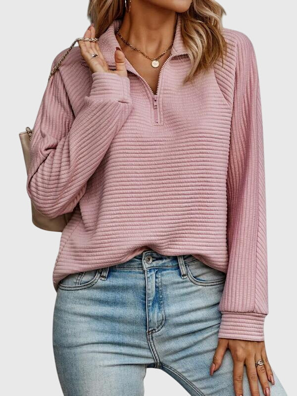 Quarter Zip Pullover Sweatshirt Pink Ribbed Women's Long Sleeve Top – Casual, Office