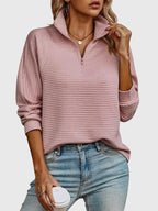 Quarter Zip Pullover Sweatshirt Pink Ribbed Women's Long Sleeve Top – Casual, Office