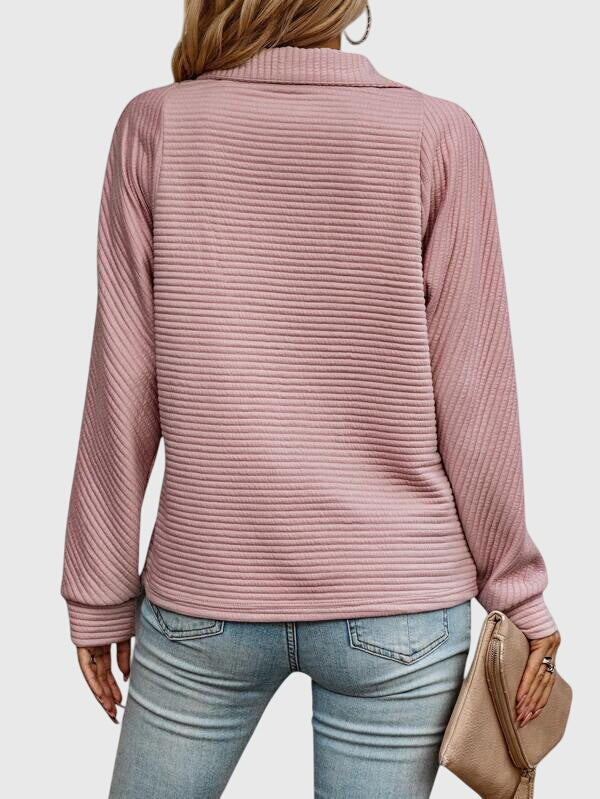 Quarter Zip Pullover Sweatshirt Pink Ribbed Women's Long Sleeve Top – Casual, Office