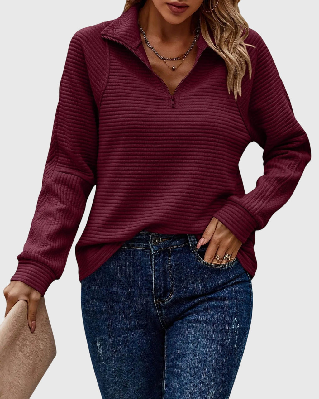 Quarter Zip Pullover Sweatshirt Pink Ribbed Women's Long Sleeve Top – Casual, Office