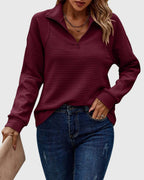 Quarter Zip Pullover Sweatshirt Pink Ribbed Women's Long Sleeve Top – Casual, Office