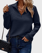 Quarter Zip Pullover Sweatshirt Pink Ribbed Women's Long Sleeve Top – Casual, Office