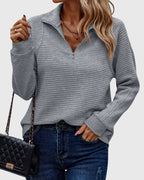 Quarter Zip Pullover Sweatshirt Pink Ribbed Women's Long Sleeve Top – Casual, Office