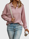 Quarter Zip Pullover Sweatshirt Pink Ribbed Women's Long Sleeve Top – Casual, Office