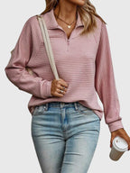 Quarter Zip Pullover Sweatshirt Pink Ribbed Women's Long Sleeve Top – Casual, Office