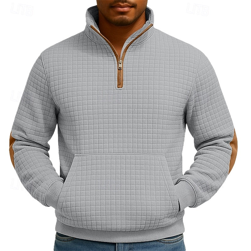 Quarter-Zip Pullover Sweatshirt Textured Waffle Knit Men's Stand Collar – Casual, Office, Gift