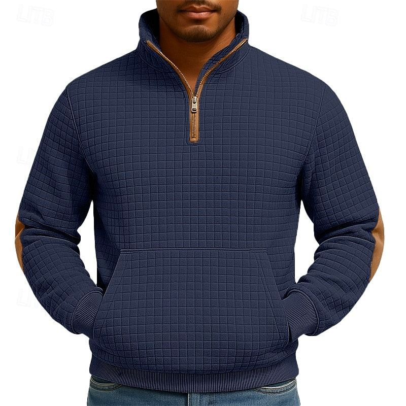 Quarter-Zip Pullover Sweatshirt Textured Waffle Knit Men's Stand Collar – Casual, Office, Gift