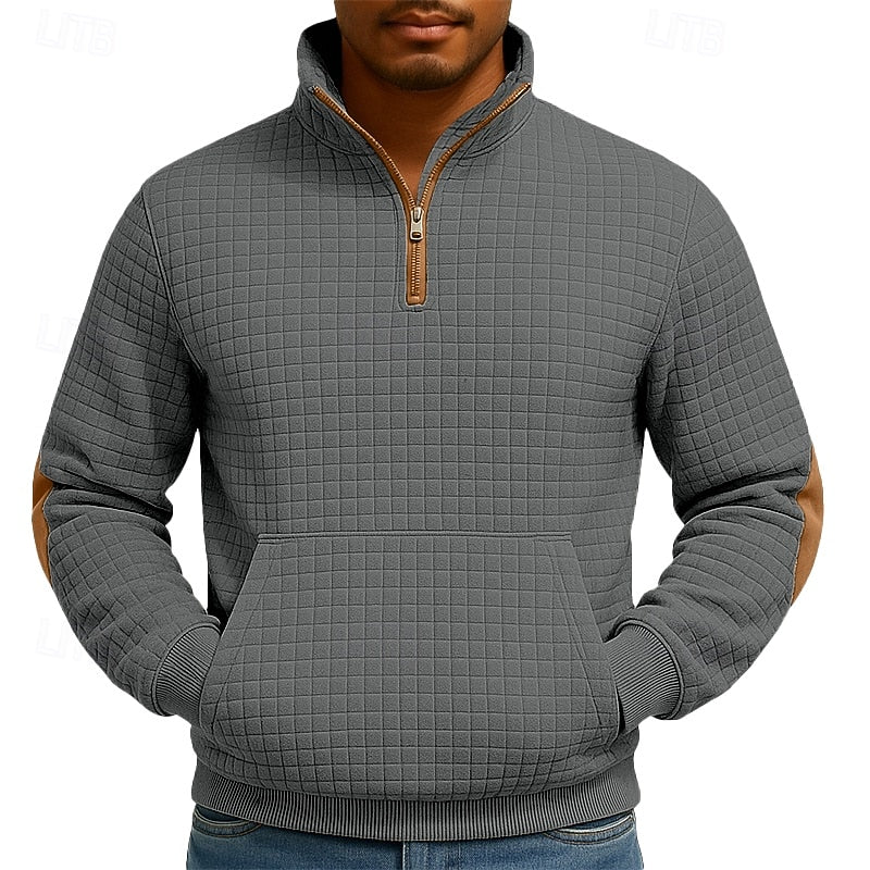 Quarter-Zip Pullover Sweatshirt Textured Waffle Knit Men's Stand Collar – Casual, Office, Gift