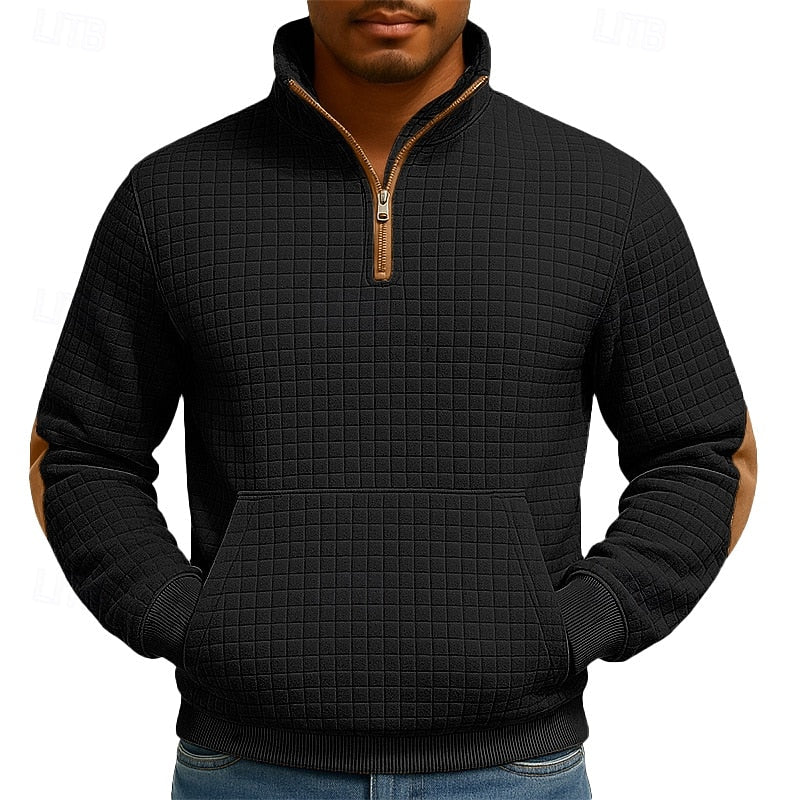 Quarter-Zip Pullover Sweatshirt Textured Waffle Knit Men's Stand Collar – Casual, Office, Gift