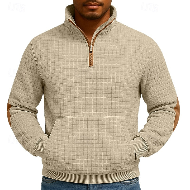 Quarter-Zip Pullover Sweatshirt Textured Waffle Knit Men's Stand Collar – Casual, Office, Gift