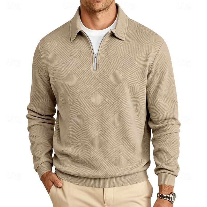 Quarter-Zip Pullover Textured Knit Men's Long Sleeve Polo Collar Sweatshirt – Casual, Office