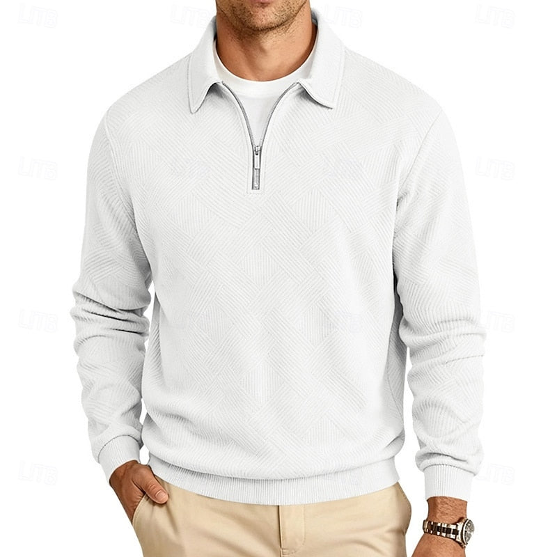 Quarter-Zip Pullover Textured Knit Men's Long Sleeve Polo Collar Sweatshirt – Casual, Office