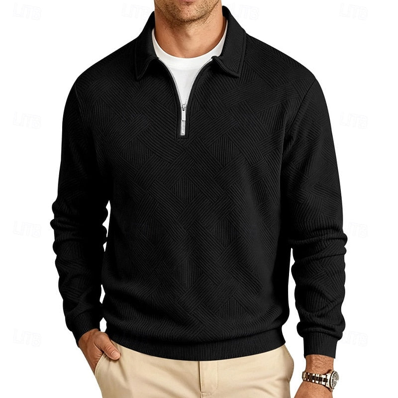 Quarter-Zip Pullover Textured Knit Men's Long Sleeve Polo Collar Sweatshirt – Casual, Office