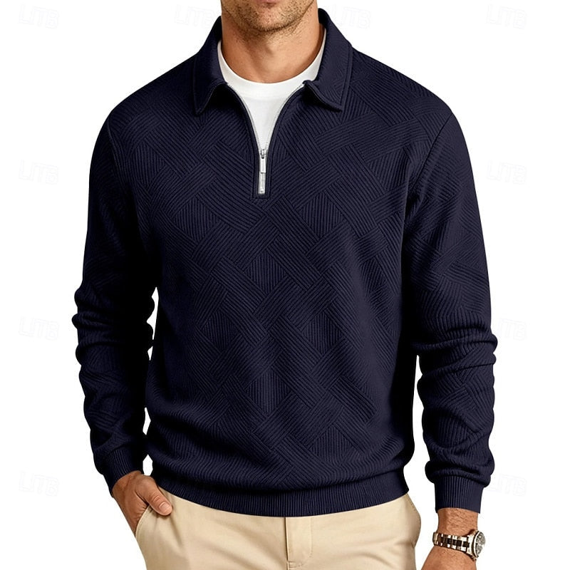 Quarter-Zip Pullover Textured Knit Men's Long Sleeve Polo Collar Sweatshirt – Casual, Office