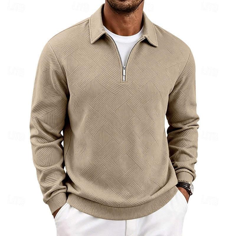 Quarter-Zip Pullover Textured Knit Men's Long Sleeve Polo Collar Sweatshirt – Casual, Office