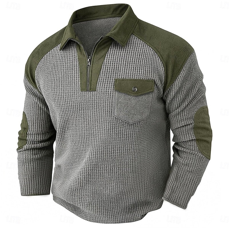 Quarter-Zip Pullover Waffle Knit Men's Colour Block Long Sleeve Sweatshirt – Casual, Office, Gift