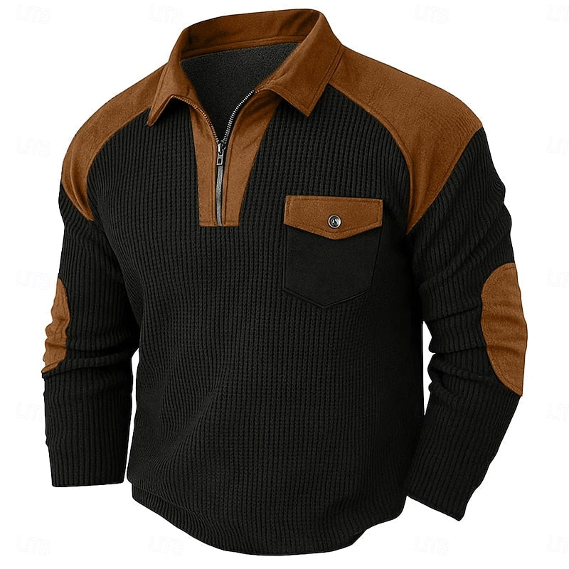 Quarter-Zip Pullover Waffle Knit Men's Colour Block Long Sleeve Sweatshirt – Casual, Office, Gift