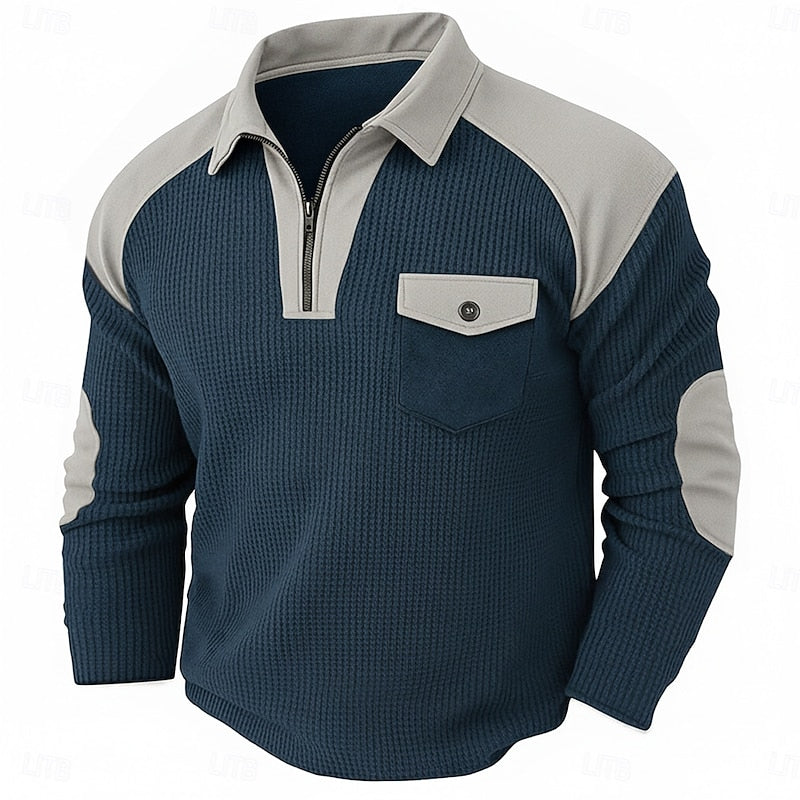 Quarter-Zip Pullover Waffle Knit Men's Colour Block Long Sleeve Sweatshirt – Casual, Office, Gift