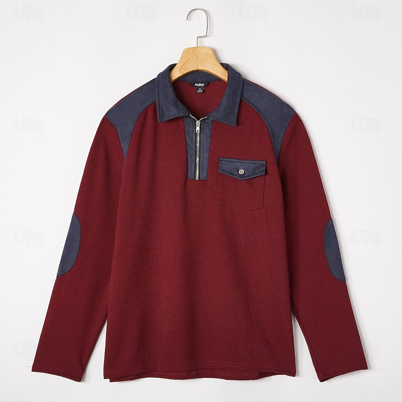 Quarter-Zip Pullover Waffle Knit Men's Colour Block Long Sleeve Sweatshirt – Casual, Office, Gift