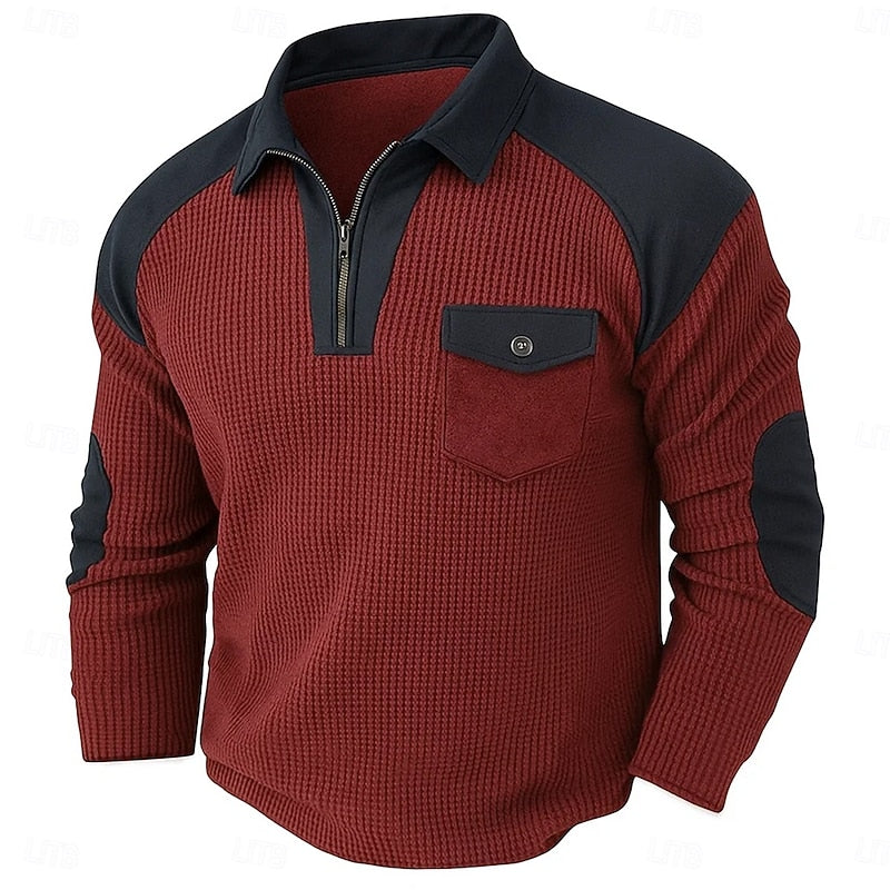 Quarter-Zip Pullover Waffle Knit Men's Colour Block Long Sleeve Sweatshirt – Casual, Office, Gift
