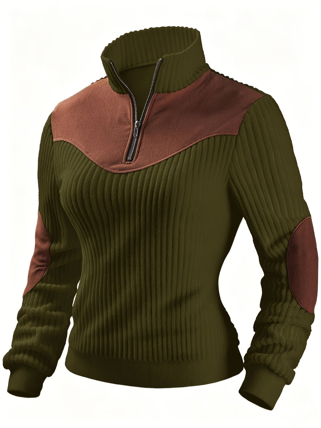 Quarter-Zip Ribbed Pullover Corduroy Colour Block Women's Sweatshirt – Casual, Office, Holiday Gift