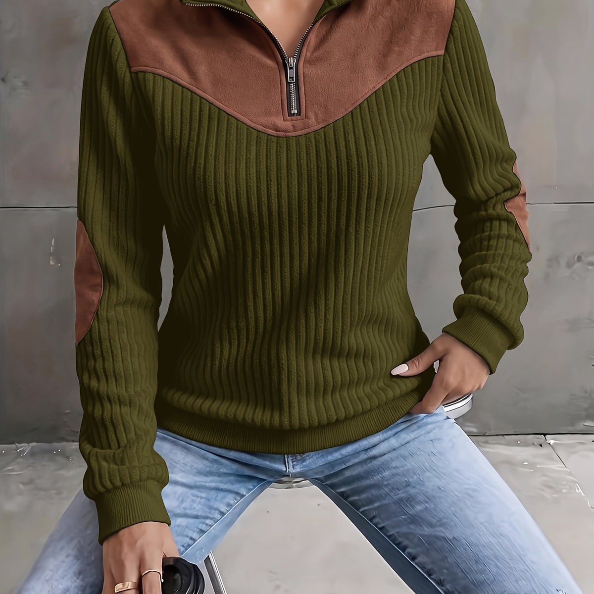 Quarter-Zip Ribbed Pullover Corduroy Colour Block Women's Sweatshirt – Casual, Office, Holiday Gift