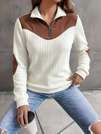 Quarter-Zip Ribbed Pullover Corduroy Colour Block Women's Sweatshirt – Casual, Office, Holiday Gift