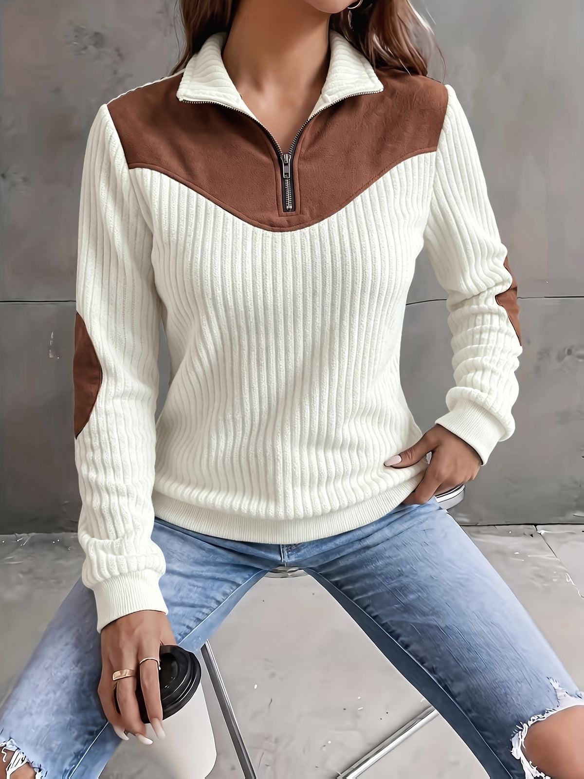 Quarter-Zip Ribbed Pullover Corduroy Colour Block Women's Sweatshirt – Casual, Office, Holiday Gift