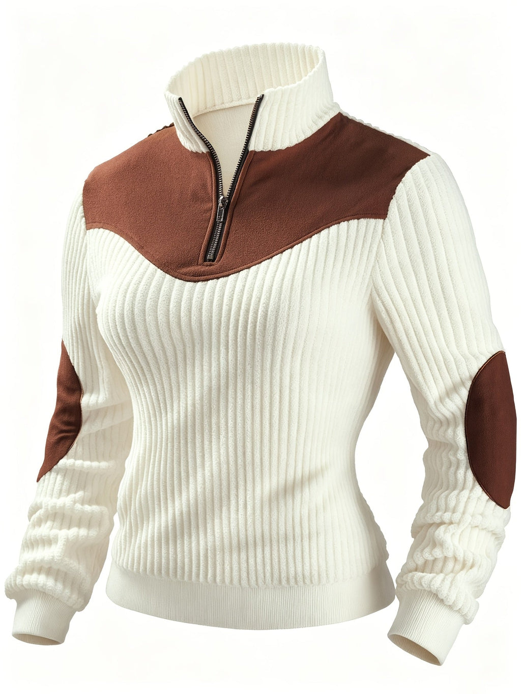 Quarter-Zip Ribbed Pullover Corduroy Colour Block Women's Sweatshirt – Casual, Office, Holiday Gift