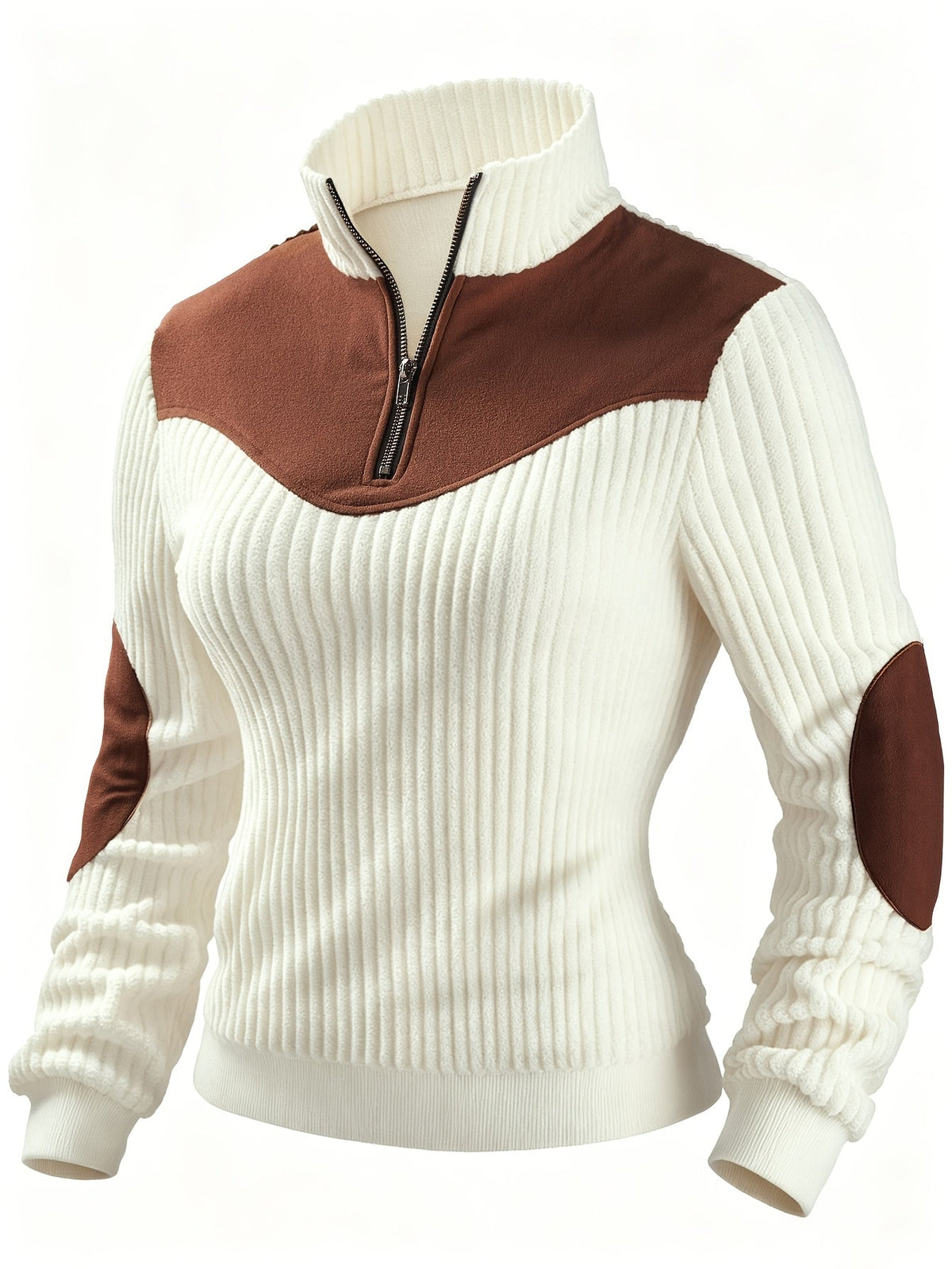 Quarter-Zip Ribbed Pullover Corduroy Colour Block Women's Sweatshirt – Casual, Office, Holiday Gift