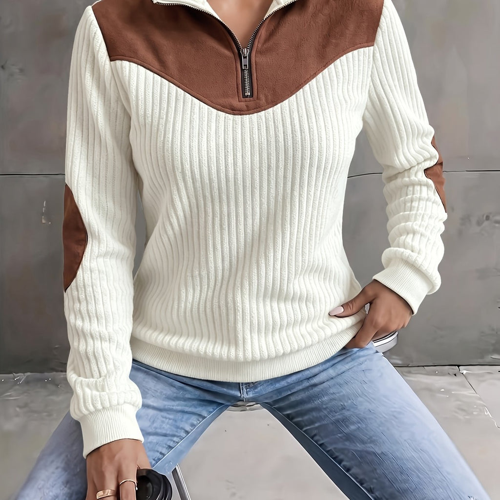 Quarter-Zip Ribbed Pullover Corduroy Colour Block Women's Sweatshirt – Casual, Office, Holiday Gift