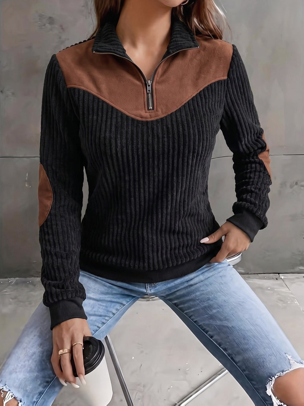 Quarter-Zip Ribbed Pullover Corduroy Colour Block Women's Sweatshirt – Casual, Office, Holiday Gift