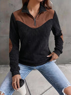 Quarter-Zip Ribbed Pullover Corduroy Colour Block Women's Sweatshirt – Casual, Office, Holiday Gift