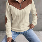 Quarter-Zip Ribbed Pullover Corduroy Colour Block Women's Sweatshirt – Casual, Office, Holiday Gift