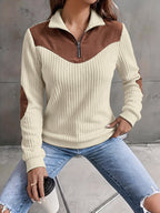 Quarter-Zip Ribbed Pullover Corduroy Colour Block Women's Sweatshirt – Casual, Office, Holiday Gift