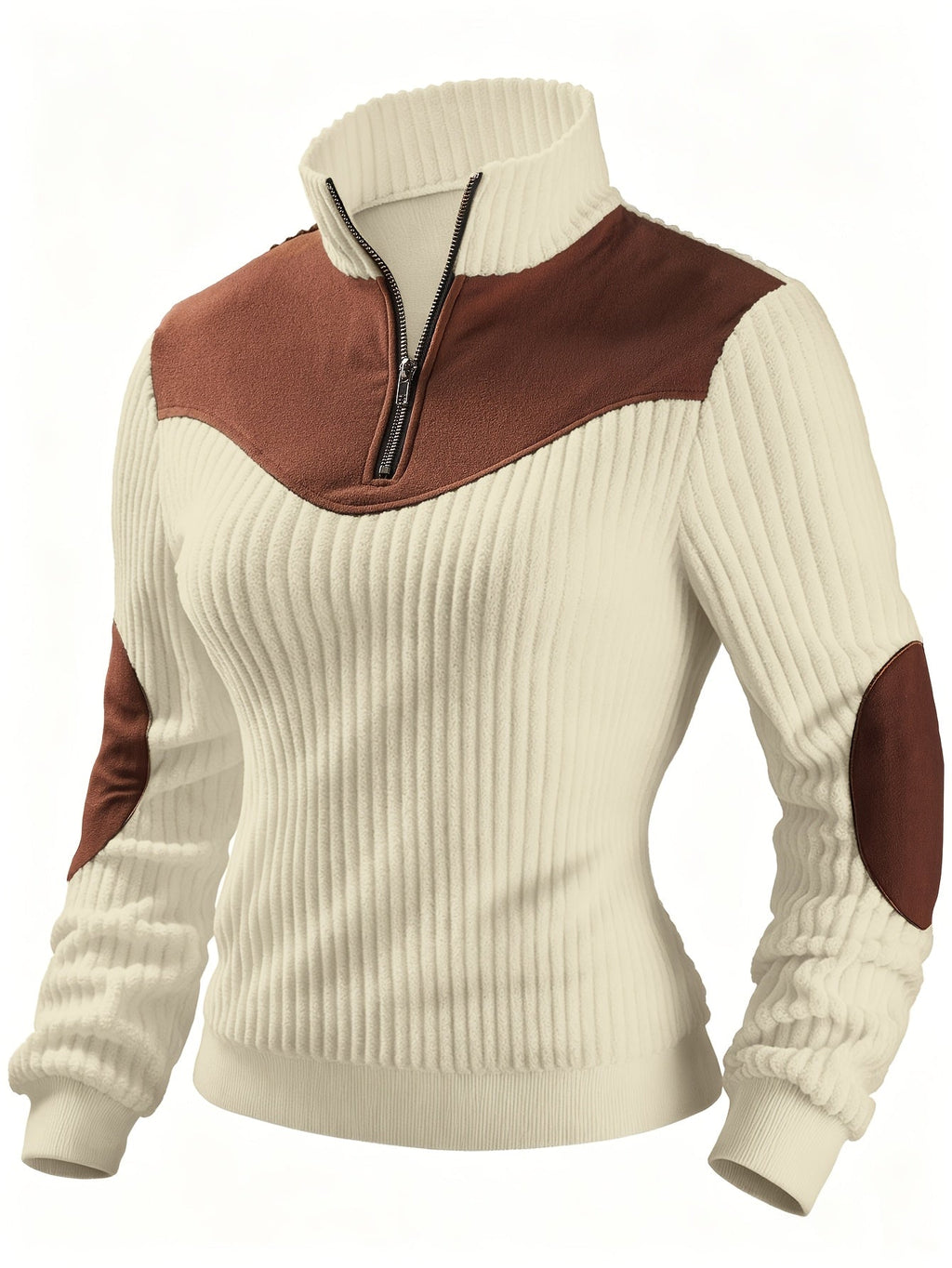 Quarter-Zip Ribbed Pullover Corduroy Colour Block Women's Sweatshirt – Casual, Office, Holiday Gift
